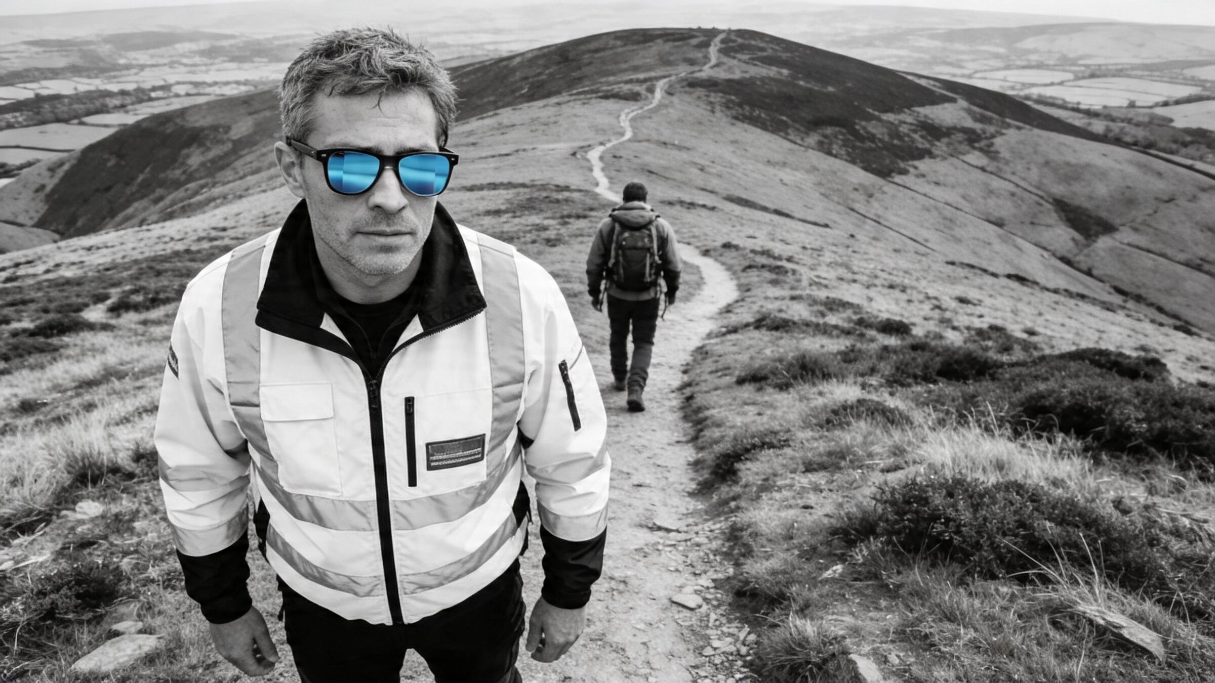 A rider in motion. The lens carries the road behind them, faintly mirrored, while the road ahead remains in clear sight.