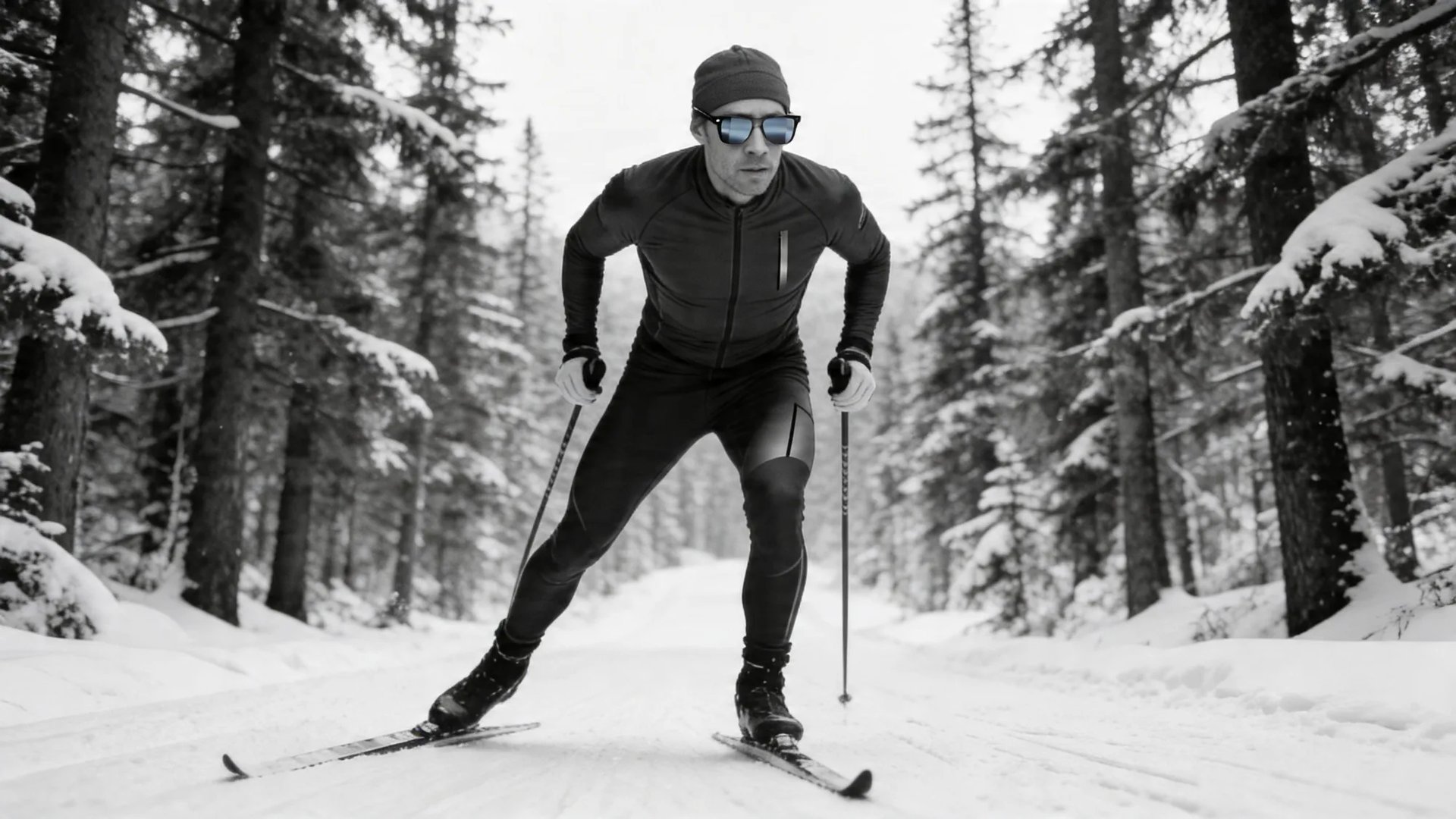 A cross-country skier on the trail wearing HINDSIGHT rear-view mirror snow goggles — the skier behind held in the mirrored lens.