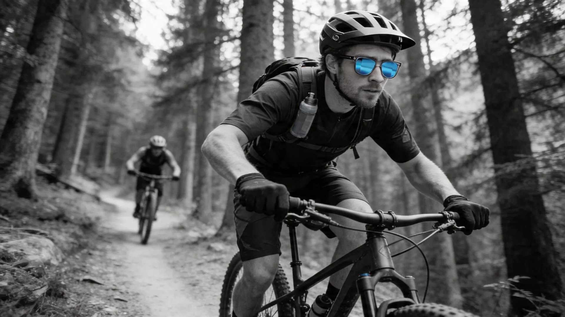 A mountain biker on a forest trail wearing HINDSIGHT rear-view mirror sunglasses — the second rider visible in the lens behind.