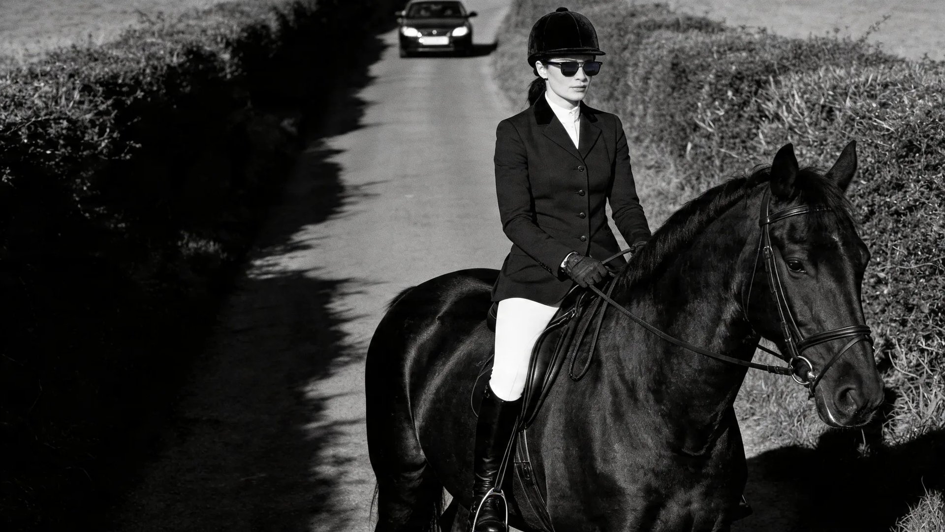 An equestrian rider on a country lane wearing HINDSIGHT rear-view mirror sunglasses — the car approaching from behind held in the lens.