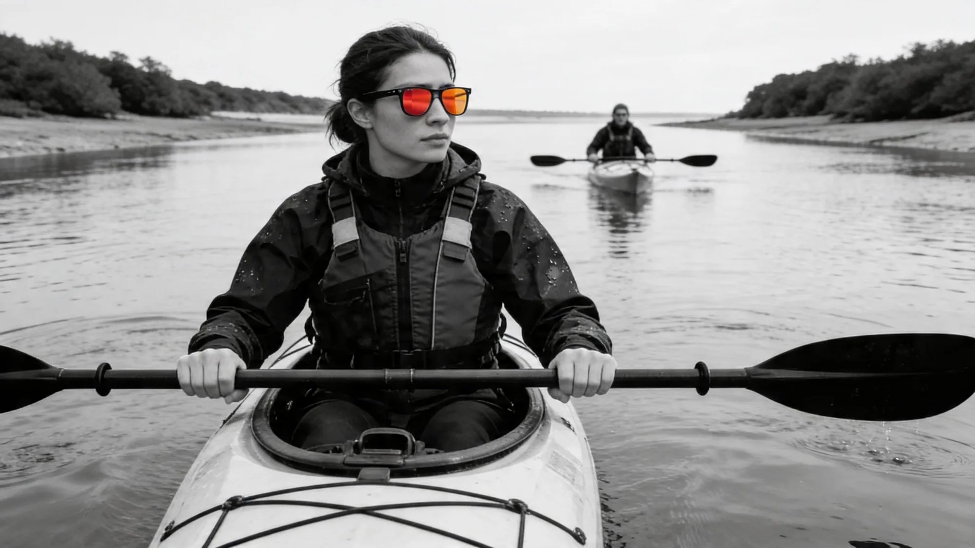 A kayaker on a river with the second kayaker behind held in the HINDSIGHT rear-view mirror lens.