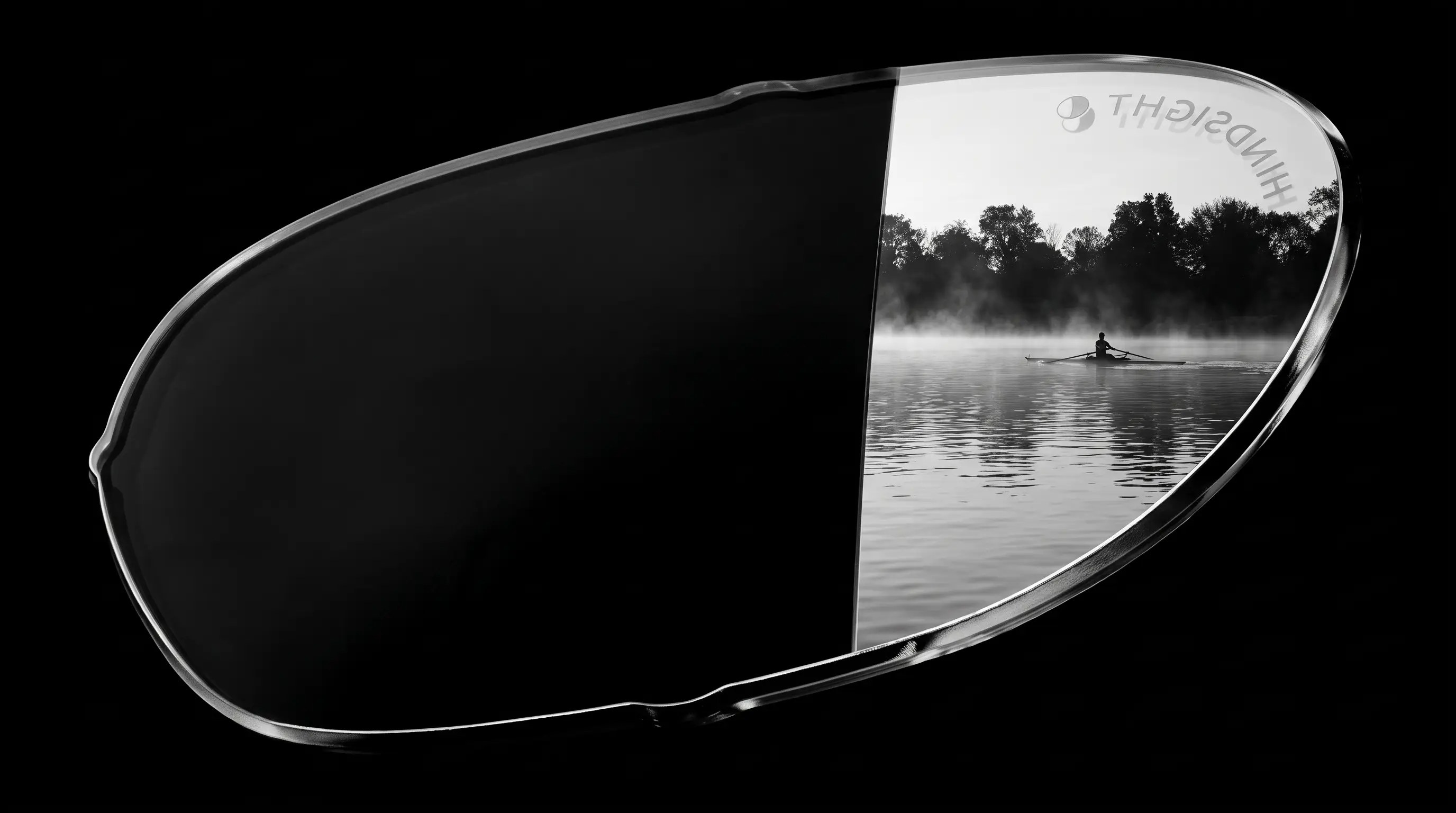A single HINDSIGHT lens on black. The dark forward tile fills most of the lens and the outer rear-view tile holds a sculler on misty water behind.
