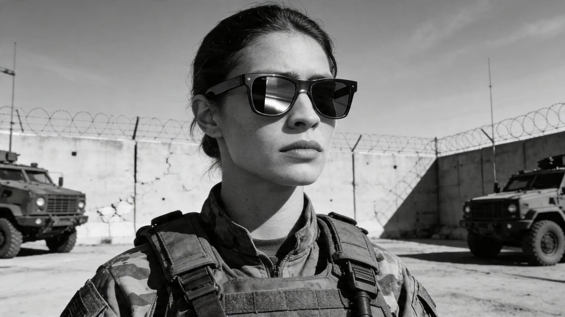 A military operator in tactical kit wearing HINDSIGHT rear-view mirror eyewear — six o'clock awareness held in the lens, MRAP behind.
