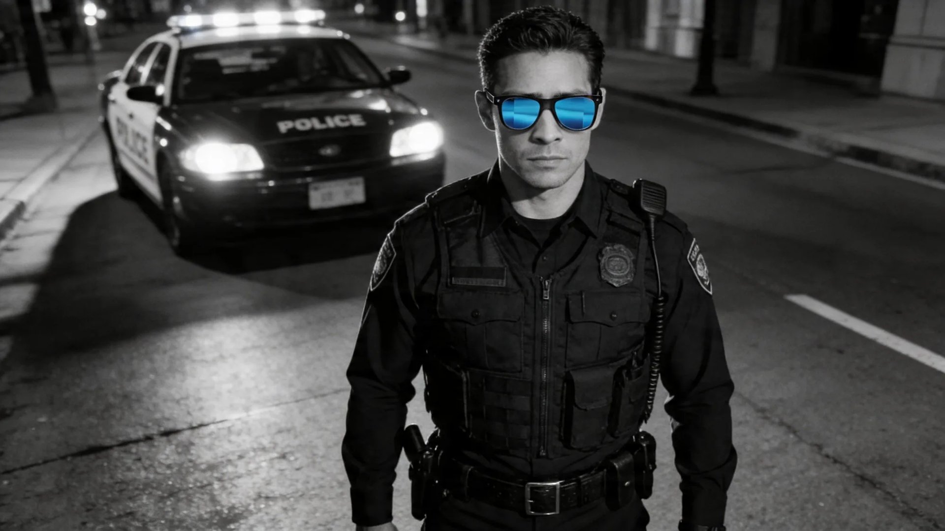A police officer on night patrol wearing HINDSIGHT rear-view mirror eyewear — the police cruiser with lights held in the lens.