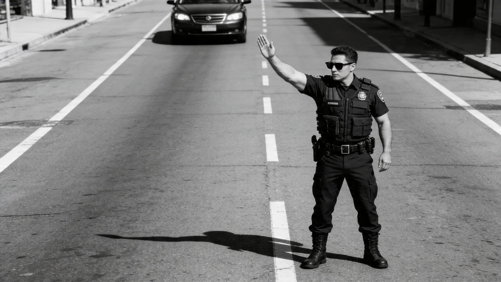 A police officer directing traffic wearing HINDSIGHT rear-view mirror eyewear — the patrol car held in the lens behind.