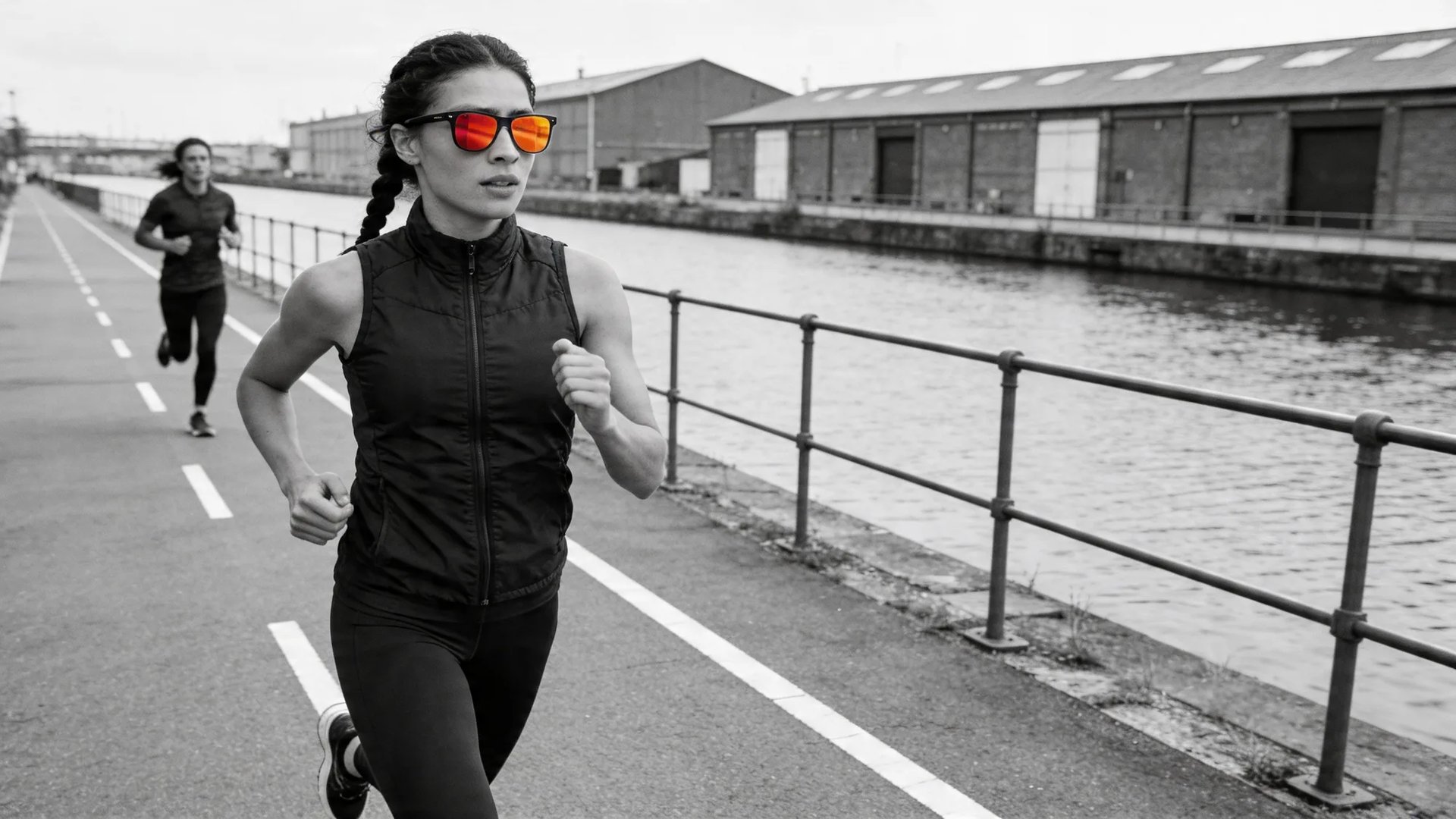 A competitive runner on a canal path with the field behind visible in the HINDSIGHT rear-view mirror lens — maintaining the lead.
