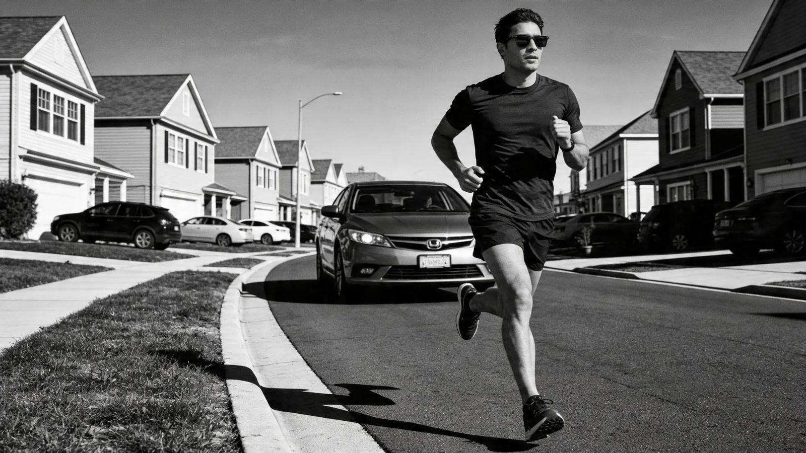 A runner on a suburban road wearing HINDSIGHT rear-view mirror sunglasses — the traffic behind held in the lens.