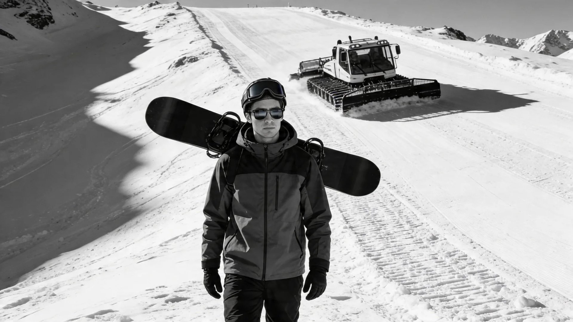 A snowboarder on the piste with the snow groomer behind, wearing HINDSIGHT rear-view mirror snow goggles.