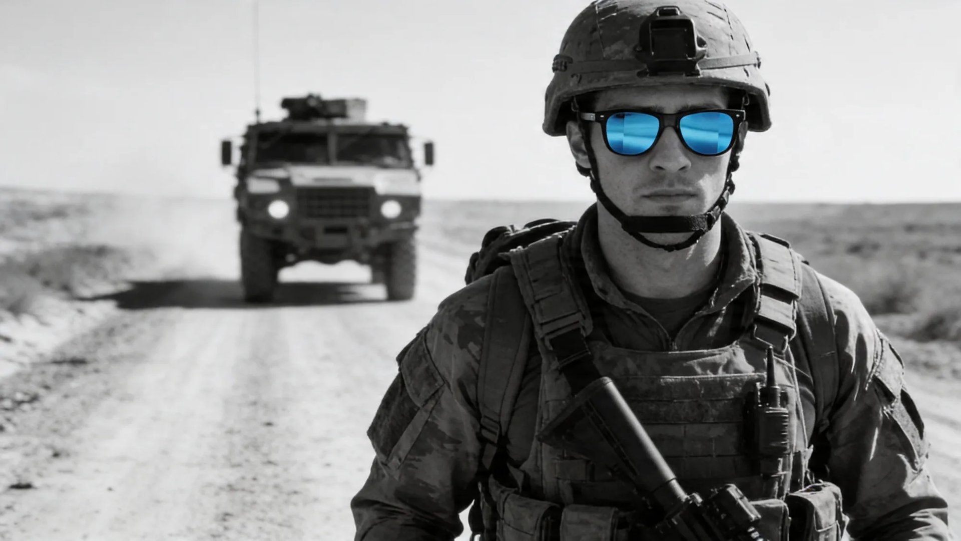 A soldier on patrol wearing HINDSIGHT rear-view mirror eyewear with the MRAP vehicle held in the lens behind.