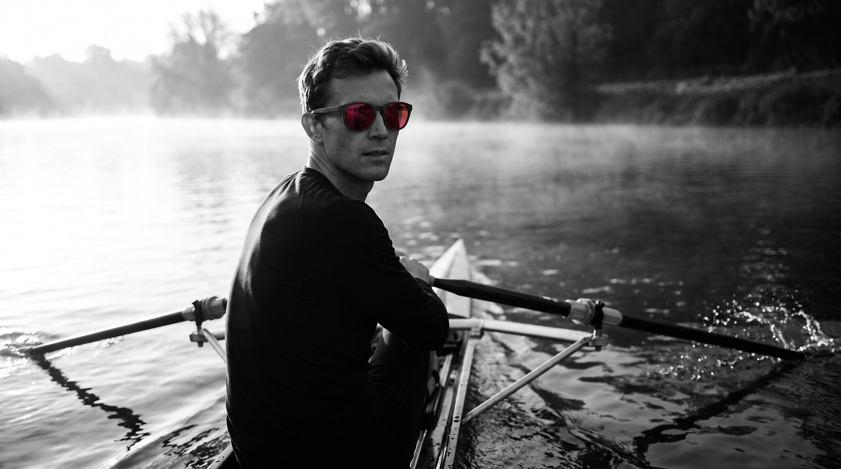 A sculler on misty water wearing the Waterhaul x HINDSIGHT Crantock sunglasses with the red HINDSIGHT lens.