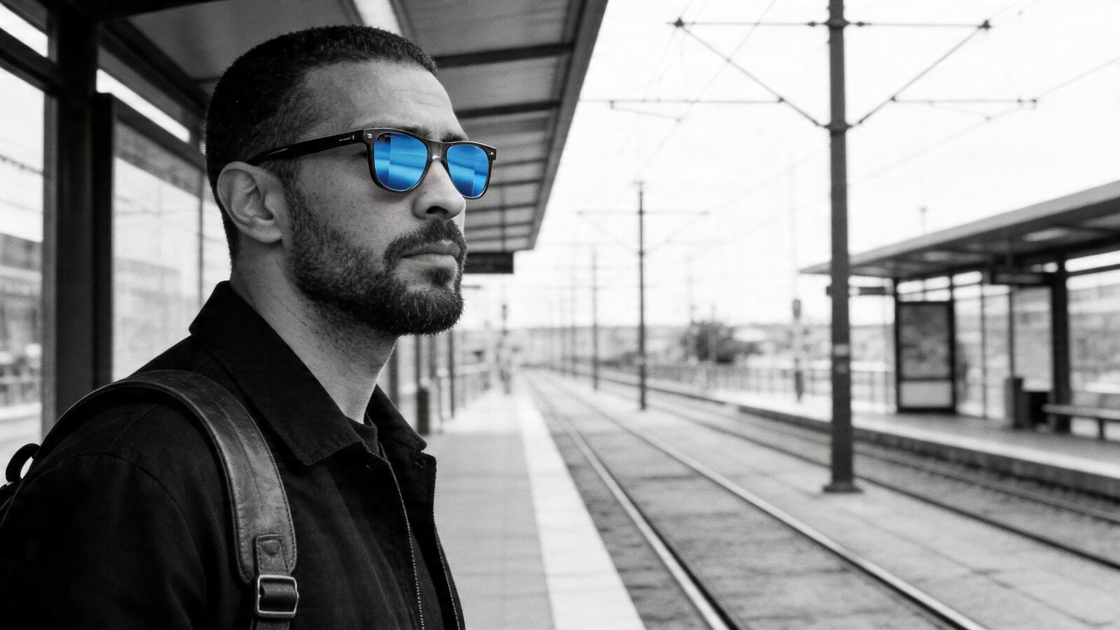 Commuter in transit, the rear-view held within the mirrored zone of the lens.
